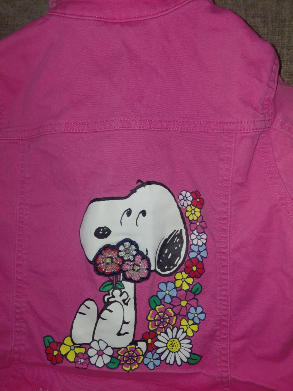 365 Kids Peanuts Pink Denim Jacket Girls Size 7 - Snoopy & Woodstock